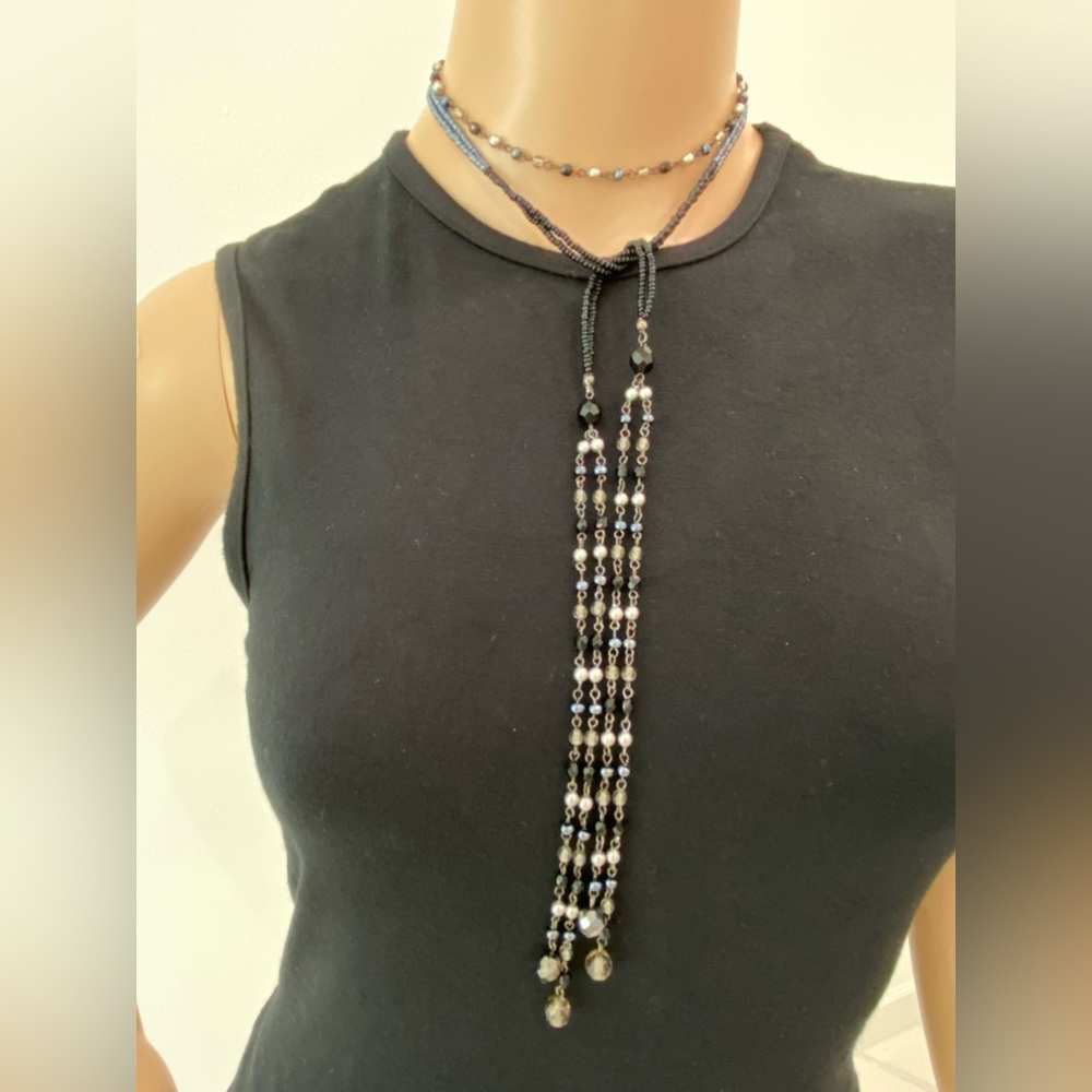 Versatile Black/Silver/Gray Beaded Lariat Necklace - image 3